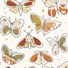 Butterfly art in continuous line with colorful organic shapes seamless