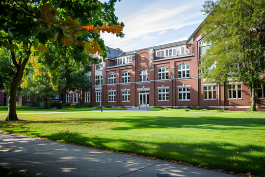 School building with lawn