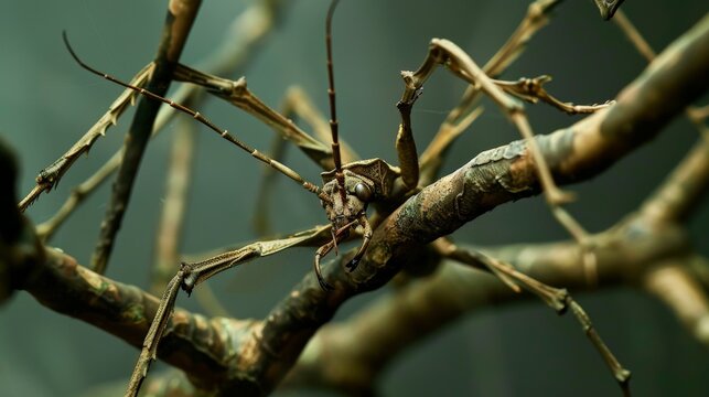 A stick insect perfectly camouflaged on a branch.