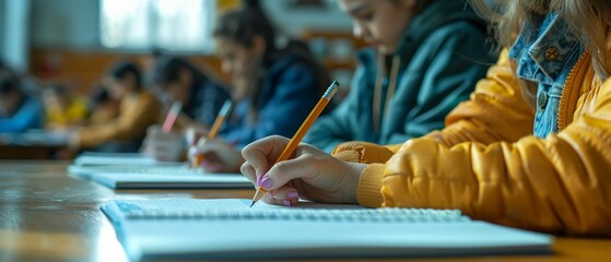 Focused students writing in notebooks during a lesson, showcasing their engagement and study habits 8K , high-resolution, ultra HD,up32K HD
