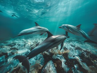 Plastic trash is a sea that dolphins and other marine life swim through.