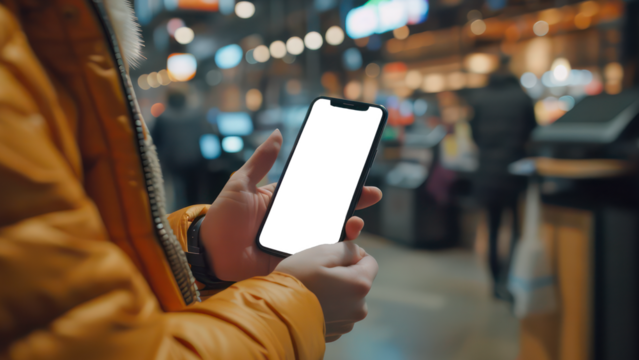 A Close-up Shot of a Smartphone Being Held By a Hand, Displaying a Mobile Payment App Screen, with a Cashier Counter in the Background at a Modern Shopping Center, Transparent Phone Screen