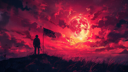 Fototapeta premium Soldier with American Flag at Sunset in Dramatic Red Sky