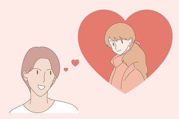 Boyfriend falling in love, thinking of girlfriend. Young man dreaming of woman. Guy imagining about soulmate. Hand drawn flat cartoon character vector illustration.