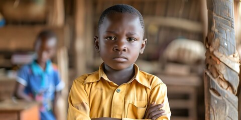 Fototapeta premium Serious young African boy in school uniform in rural village classroom. Concept African, School uniform, Rural village, Classroom, Seriousportrait