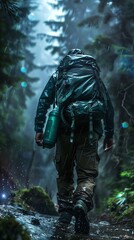 Hiker in a rain jacket and green backpack, exploring a damp, green forest trail