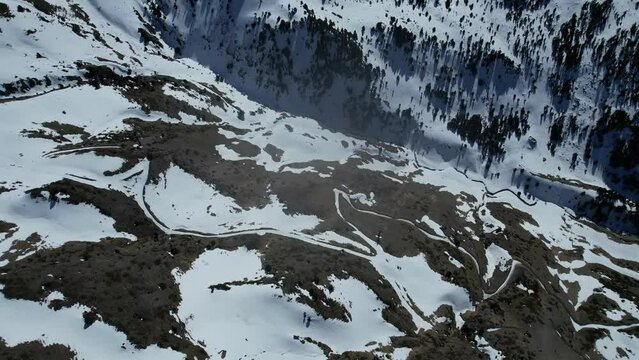 Aerial video over Coll blanc KSB ski resort, Andorra in a snowy winter