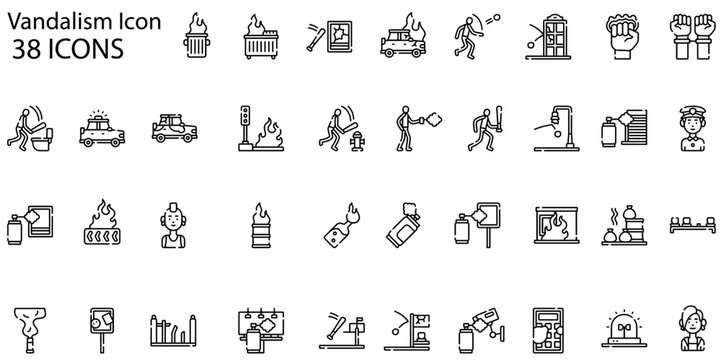 set of 38 outline web vandalism icons such as wall, protest, bat, paint bucket, fireworks, judge, burning, hammer vector thin line icons for web design, mobile app.
