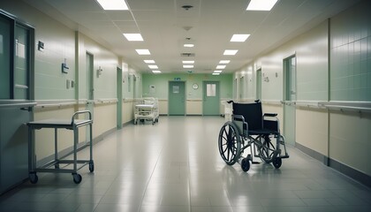 Atmospheric image of a hospital or clinic corridor with tiled floors, fluorescent lighting fixtures, and a stretcher or wheelchair visible in the foreground