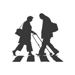 silhouette elderly woman helps the elderly man cross the street black color only