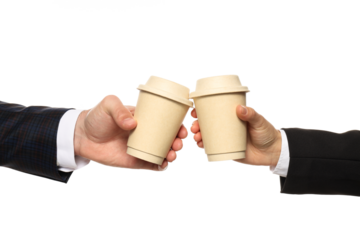 PNG, Cups of coffee in men's hands, isolated on white background