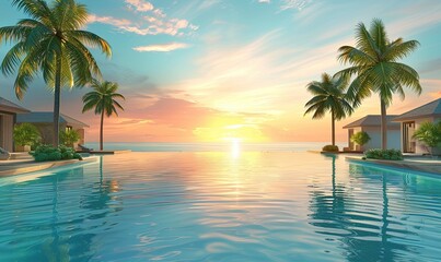 Large pool with lounge area flowing into the ocean.