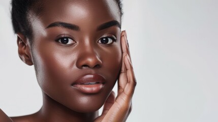 A portrait of a woman with clear skin and a gentle touch to her face