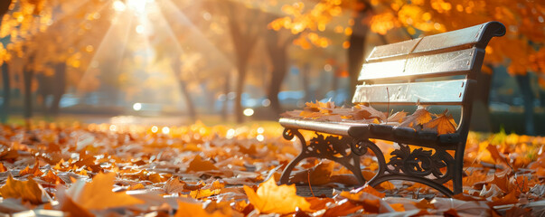 Cozy autumn background with a park bench, a blanket of fallen leaves, and warm sunlight.