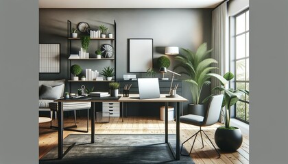 Design a modern home office setup with stylish furniture with minimalist decor.
