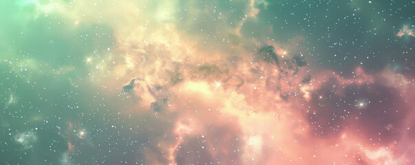 Dreamy space background with soft green and pink hues, gentle stars, and light nebulae.
