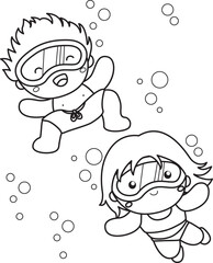 Happy Kids Doing Swimming Water Sport Activity on Summer Holiday Cartoon Coloring Set