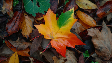 Obraz premium Autumn leaf in yellow red green tones. Landscapes photograph.