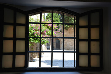 open window with checkered frame isolated close up