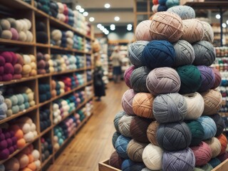 Colorful yarn balls in a knitting shop. Blurred background and bokeh