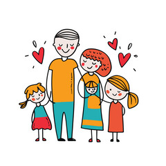 Happy family smiling together, four members including father, mother, two little daughters, colorful clothing, hearts floating, love, joyful cartoon characters. Cartoon family standing close