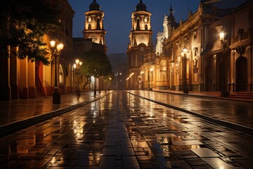 Obraz premium Great facade and mysterious catacombs of the Santo Domingo Convent in Lima., generative IA