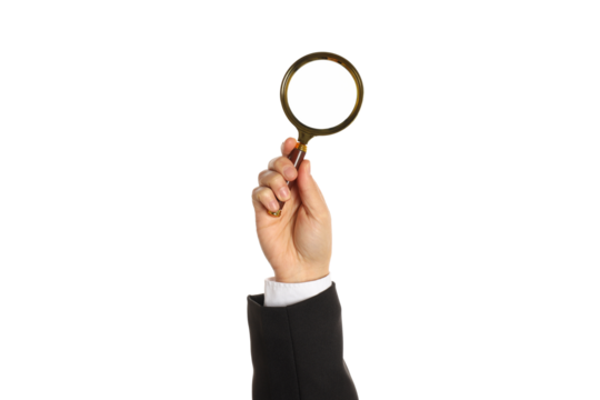 PNG, Male hand with magnifying glass, isolated on white background