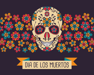 Dia de Los Muertos poster with decorated skull and flowers on a dark background. Mexican Day of the Dead. Banner with traditional Mexican floral elements. Vector