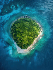 Fototapeta premium Birds eye of a small lush tropical island with green trees and blue waters