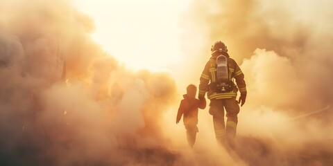 Obraz premium Rescue of Child from Smoke-Filled Burning Building by Courageous Firefighter. Concept Firefighter Heroism, Rescue Mission, Smoke-Filled Building, Child Saved, Courageous Actions