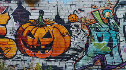 Obraz premium Pop art comic street graffiti with a Halloween Pumpkin on brick wall. Halloween background banner.