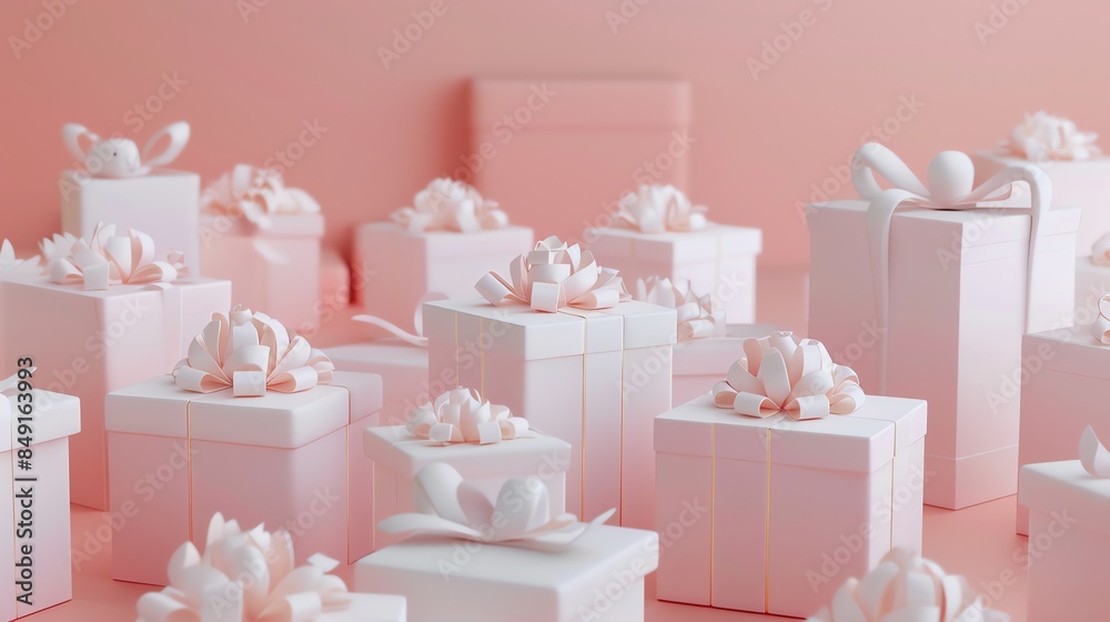 Poster A group of pink and white wrapped gifts with white bows on a pink background.