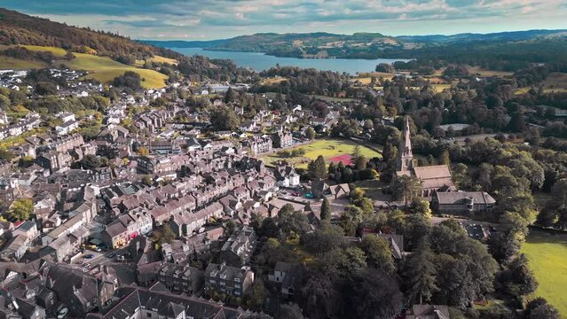 Aerial drone footage of the village of Ambleside in the Cumbrian Lake District