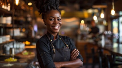 Fototapeta premium Happy African American woman standing, arms crossed, while working as a chef in a restaurant and looking at the camera