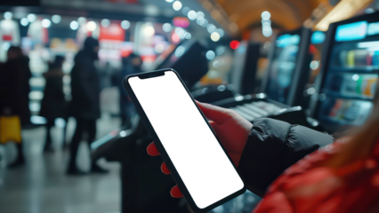 A Close-up Shot of a Smartphone Being Held By a Hand, Displaying a Mobile Payment App Screen, with a Cashier Counter in the Background at a Modern Shopping Center, Transparent Phone Screen