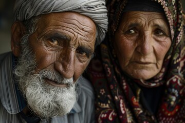 An old man with a white beard and a very old woman with brown eyes and a white turban are looking at the camera.