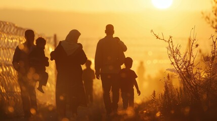 A group of refugees, including adults and children, is silhouetted against a golden sunset, walking along a path lined with barbed wire and dry vegetation, conveying a sense of journey and hope.