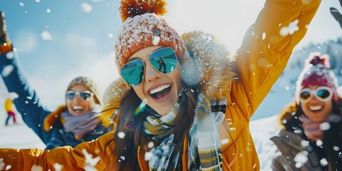 Ski resort partygoers celebrate in style after hitting the slopes. Concept Winter Activities, Ski Resort, Party Celebration, Snowy Scenes, Mountain Adventures