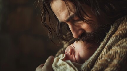 Jesus Christ gently hold a newborn baby. Religion and Christianity concept