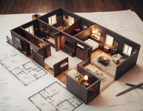 Modello di una casa in miniatura che mostra il layout interno su piani di costruzione.
