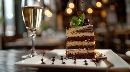 Layered coffee cake on a white plate in a restaurant with a mint leaf and a chocolate cherry as a garnish, with a soft focus background, with a glass cup