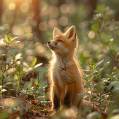 A cute fox is sitting in the forest. The fox is looking up at something. The sun is shining through the trees and creating a beautiful bokeh effect.