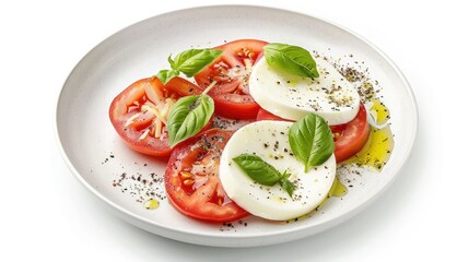 Plate with mozzarella and tomato slices on a white background with studio lighting. A delicious looking caprese salad features fresh basil leaves drizzled with olive oil on top.