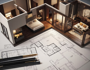 Una vista dall'alto di un modello tridimensionale di un appartamento su una piantina architettonica.
