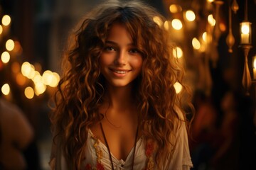Cheerful girl with long curly hair looks down in camera smiles and resting in grea, generative IA