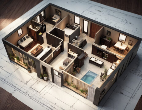 Modello tridimensionale di una casa moderna, mostrato su piani di costruzione.
