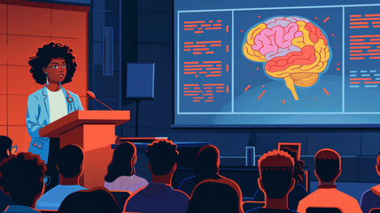 A woman is standing at a podium in front of a large screen with a brain on it