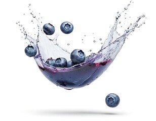 Ripe Blueberries flying and splashing Water isolated on white background