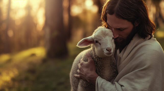 Jesus Christ gently hold a lamb. Religion and Christianity concept