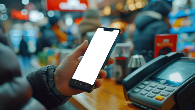A Close-up Shot of a Smartphone Being Held By a Hand, Displaying a Mobile Payment App Screen, with a Cashier Counter in the Background at a Modern Shopping Center, Transparent Phone Screen